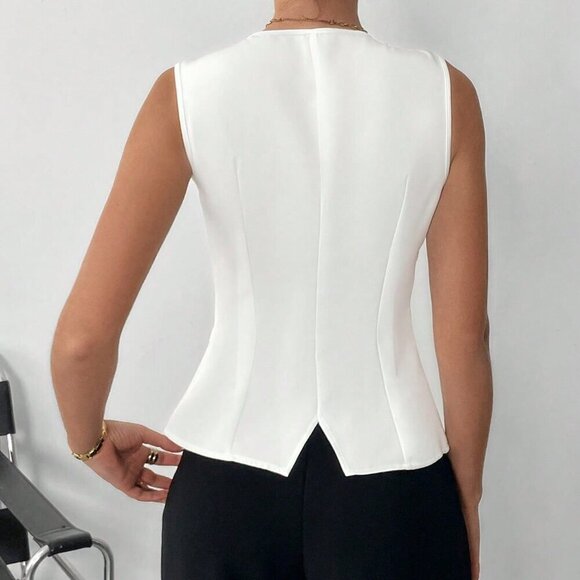 White Elegant Women's Hardware Button A-Slit Vest Top Sleeveless Vest - Picture 4 of 7